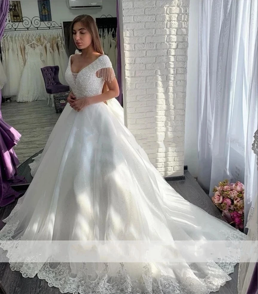 Angelsbridep Ball Gown Wedding Dresses Robe De Mariee Bohemian Sparkly Beading Crystal Cap Shoulder Princess Bride Dress Hot