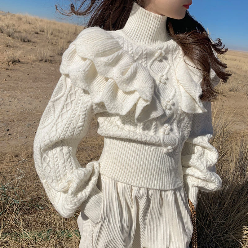 

Ruffled White Knitted Sweater Women 2023New Fashion Vintage Twist Turtleneck Lantern Sleeve Elegant Pullovers Top Female Knitwea