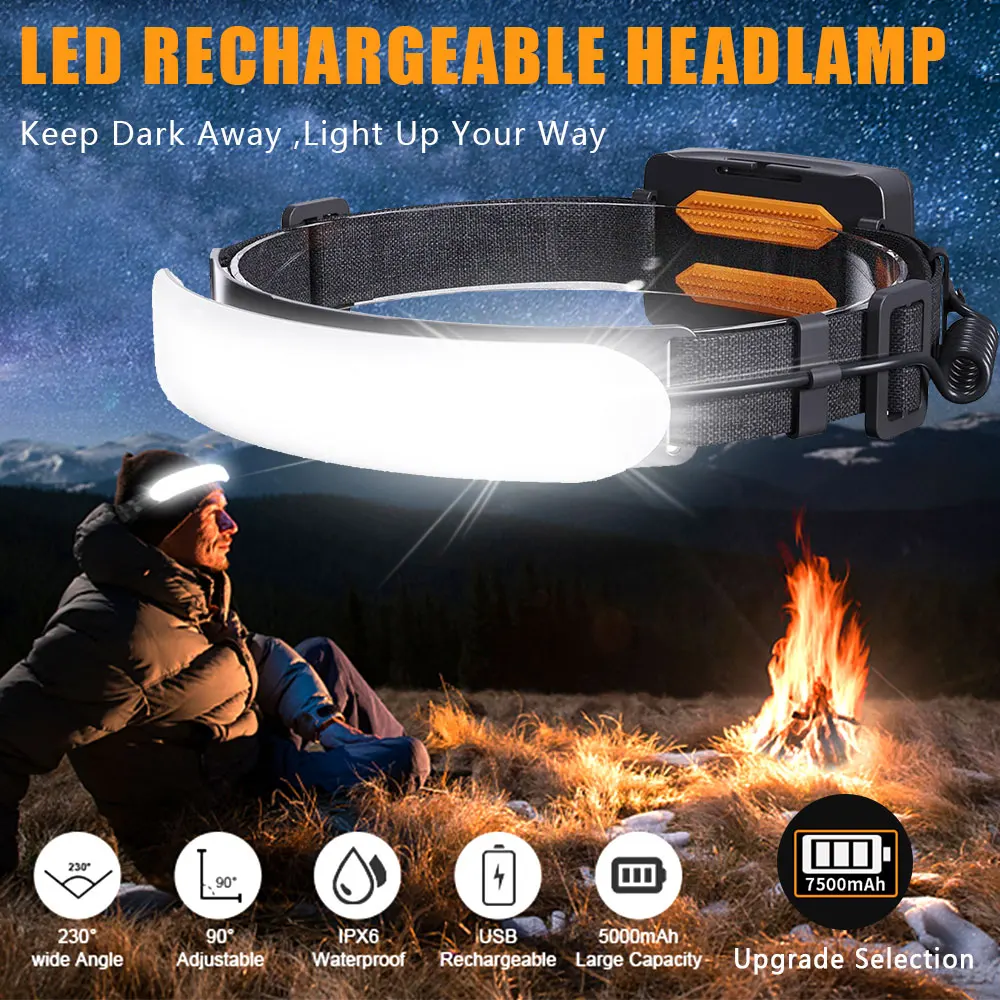 

7500mah Rechargeable LED Headlamp with 230° Beam, 3 Modes, IPX6 Waterproof Head Flashlight for Camping Fishing Hard Hat Work