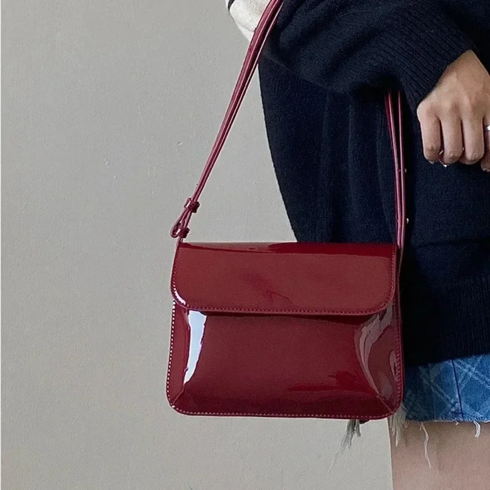Retro Patent Leather Shoulder Bag for Women - Luxury Flap Crossbody Bag, Solid Color Underarm Purse