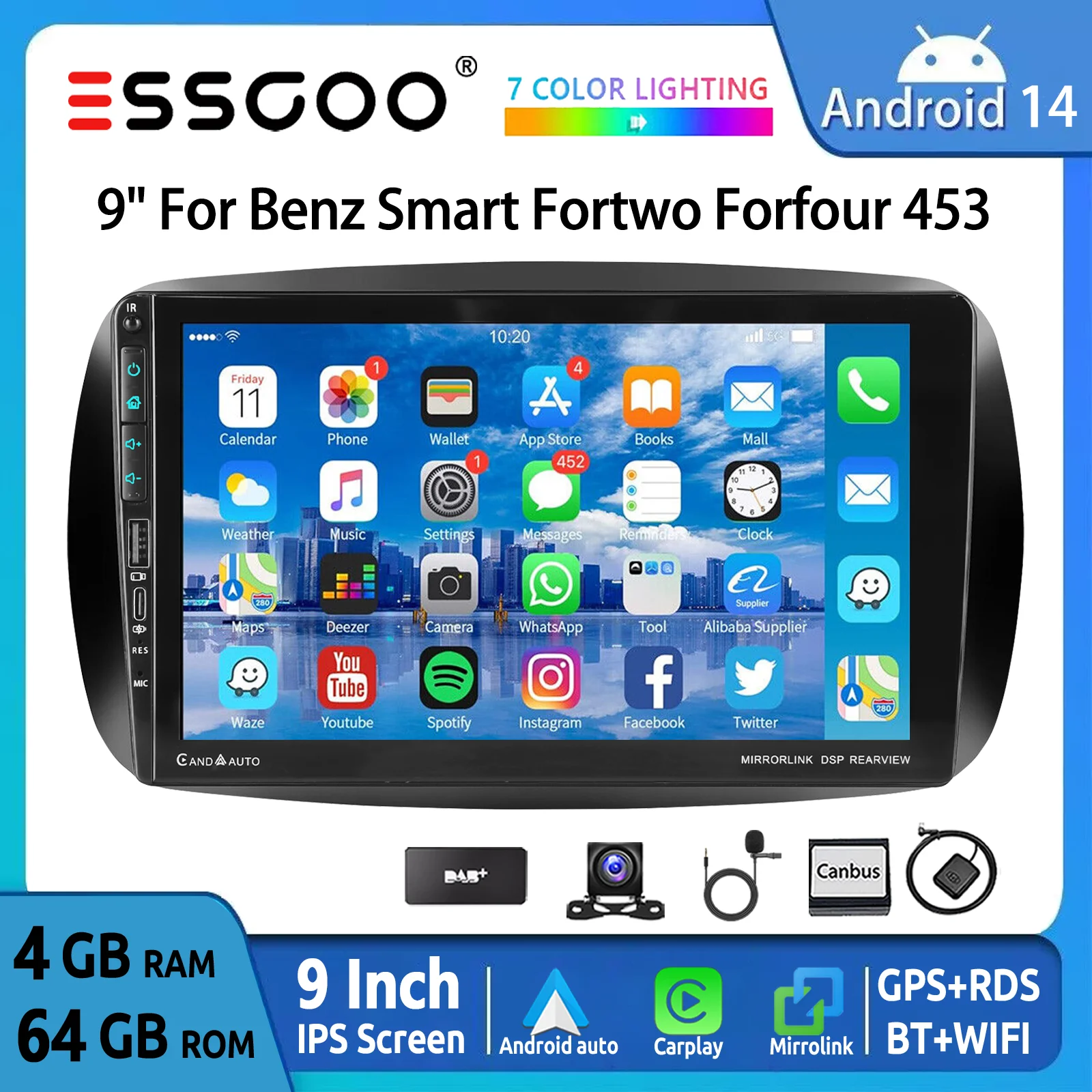 ESSGOO Android 14 9" Touchscreen Autoradio für Smart Forfour/Fortwo 453 - Wireless CarPlay & Android Auto - GPS Navigation FM WiFi USB Typ-C RDS SWC Mirror Link - Multimedia Videoplayer