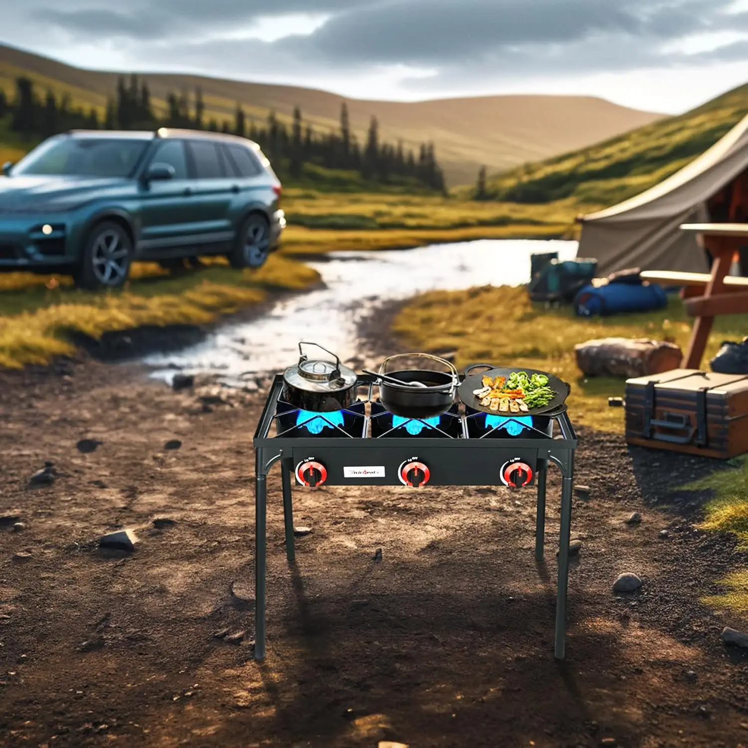 pressure Propane Stove, 28 Inch Tall Camping Stove with cast iron burner 105000 BTU power, Stable Legs