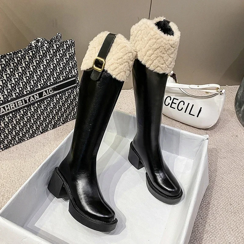 

Winter Knee High Brown Long Boots Comfort Square Heel Zip Belt Buckle Platform Boots for Women Plush Edge Warm Gothic Shoes