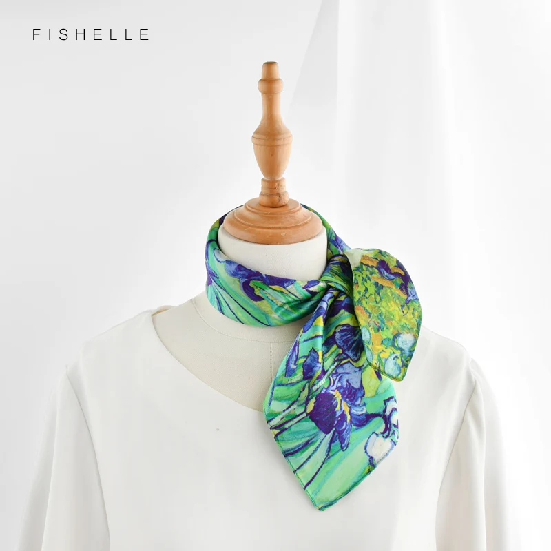Oil Painting Iris printed natural silk scarf for women 100% real silk scarves small 50cm square soft handkerchief gift for lady 3