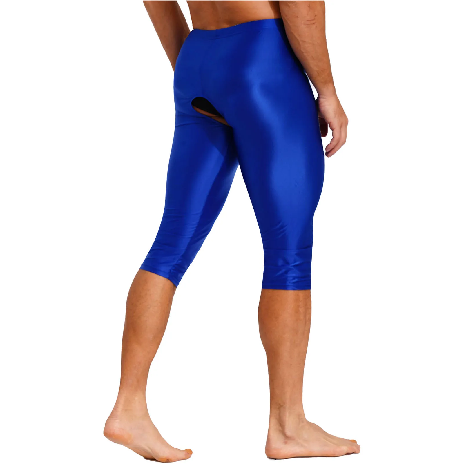 Mens Lingerie Glossy Open Crotch Shorts Stretchy Smooth Elastic Waistband Leggings Slim Fit Exotic Crotchless Short Pants