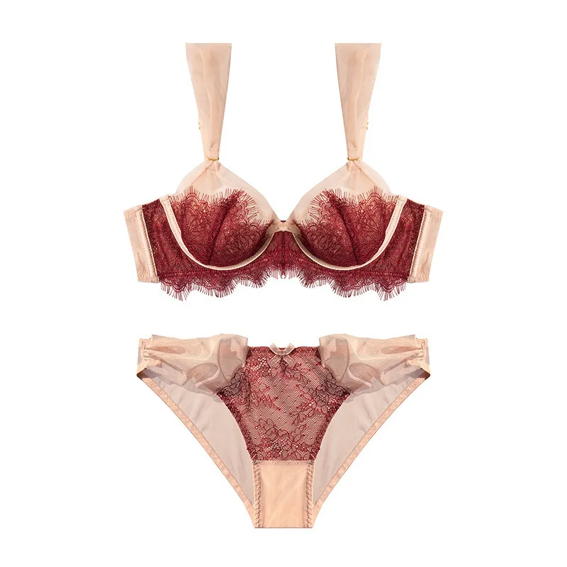 

French Ultra-thin Lace Lingerie for Women with Large Chest Small Oversized Bra with Anti Sagging Upper Support Sexy Bra Set