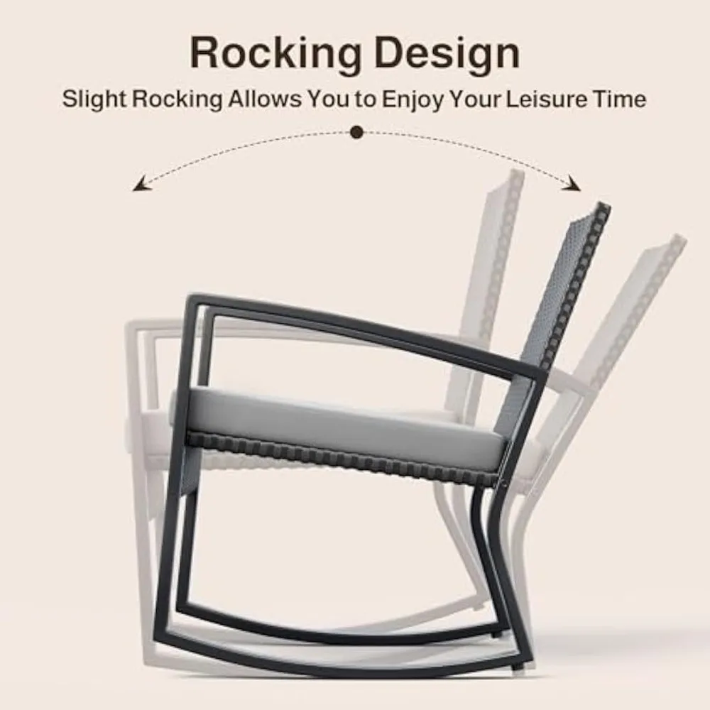 4 Piece Outdoor Patio Furniture Set, Wicker Patio Furniture with Glass Coffee Table, Rocking Wicker Bistro Set, for Backyard 6