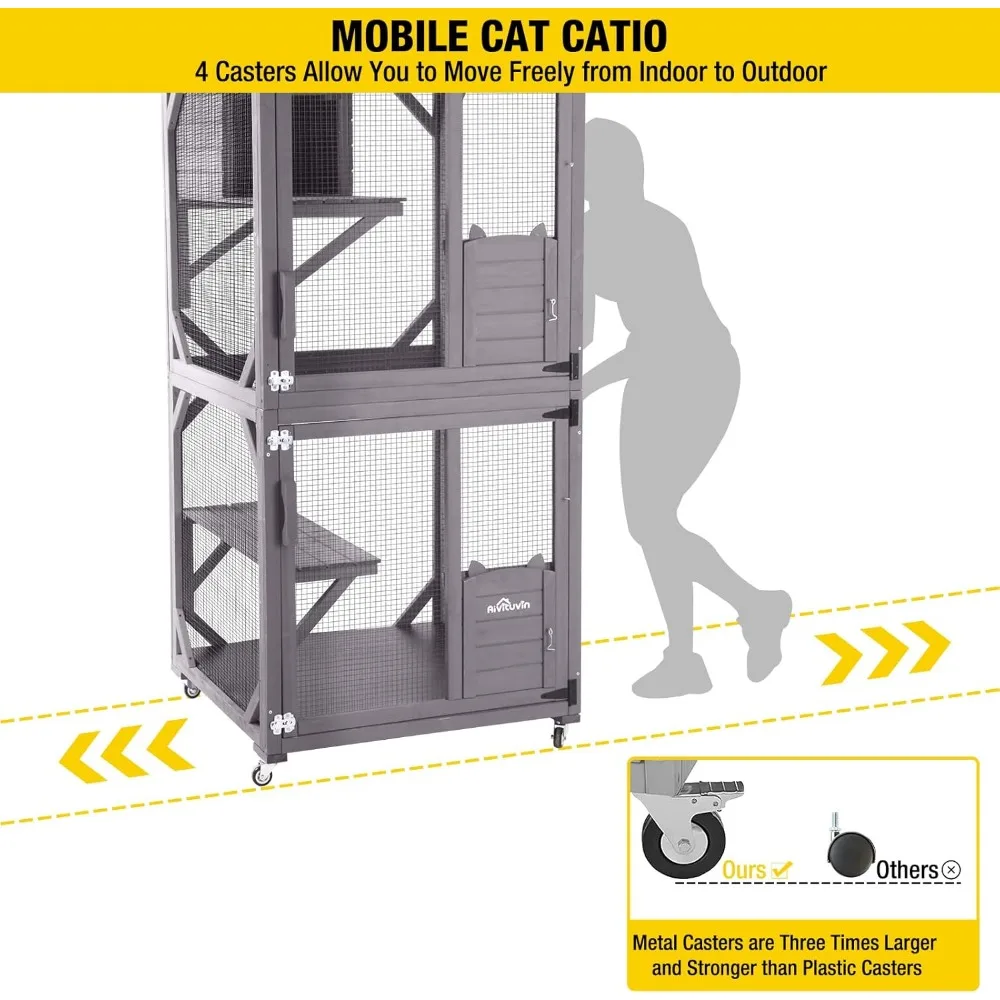 Cat House Outdoor Catio Cat Enclosures on Wheels70.9 Kitty House with Upgraded Resting Box,Waterproof Roof