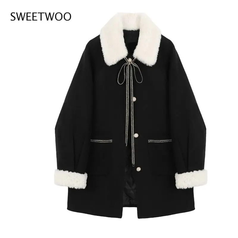 

Lamb Wool Warm Winter Coat Women Long Jackets Turn-down Collar Single Breasted Pockets Korean Loose Female Thick Woolen Overcoat