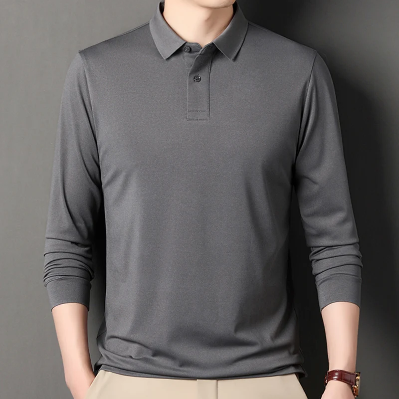 Men's Spring Autumn Polo Shirt Solid Long Sleeve Casual Loose Fit Business Golf Tops