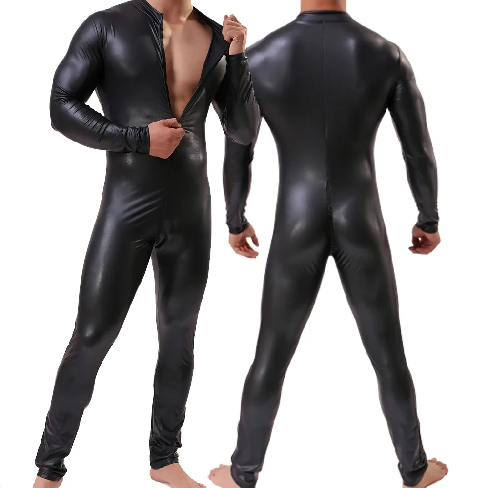 

Sexy Men Long Sleeve Zipper Catsuit Faux Leather Long Zipper Open Crotch Bodysuit Night Clubwear Gay Jumpsuit Lingeries Costumes