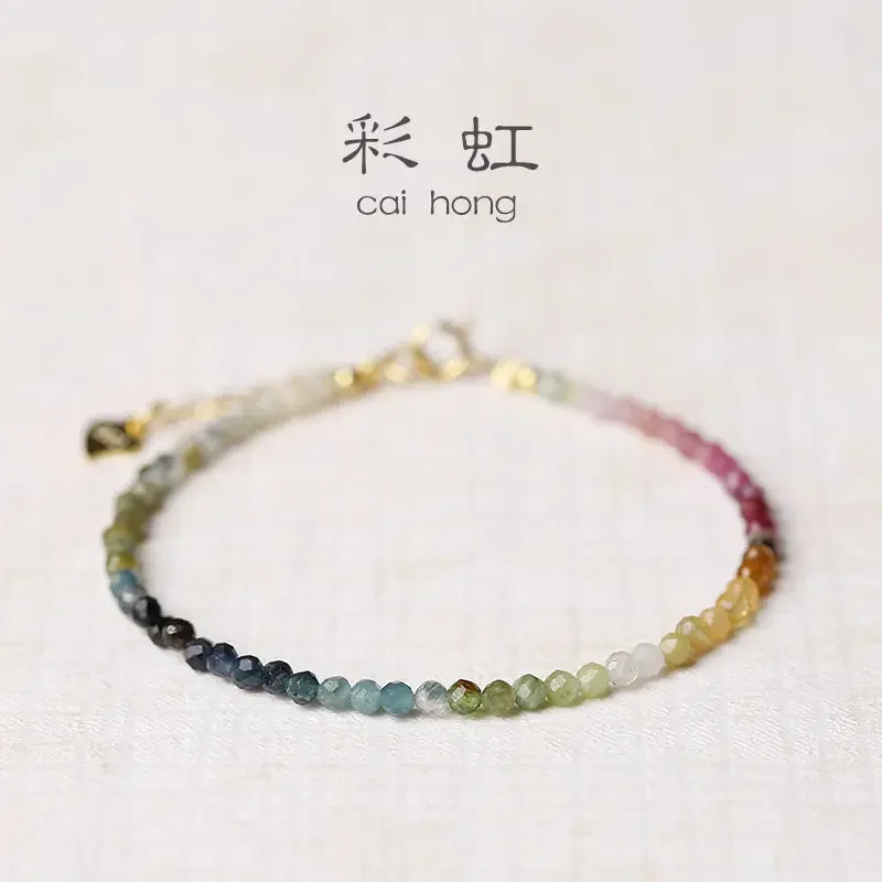 

Natural Extremely Thin 2mm Rainbow Small Tourmaline Bracelet Women's Gradient Ins Niche Design Light Luxury Girl's Hand String