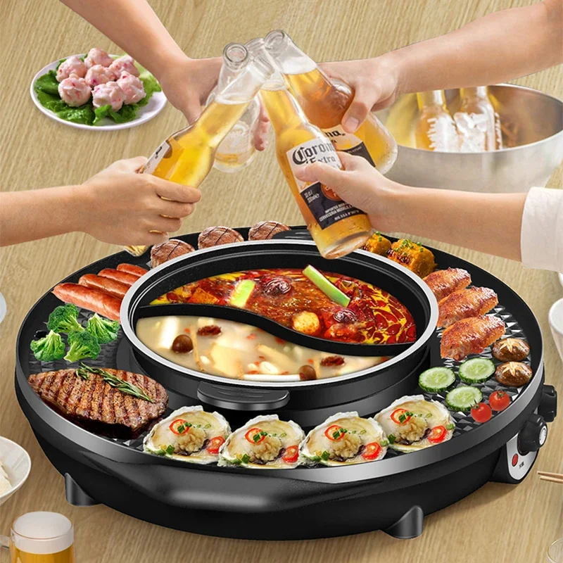 3 in 1 Electric Hot Pot BBQ Grill 2300W Multifunction Portable Home Non-Stick Split Pot Smokeless Skillet Barbecue Pan hot selling smokeless tabletop korean bbq grill portable stainless steel charcoal