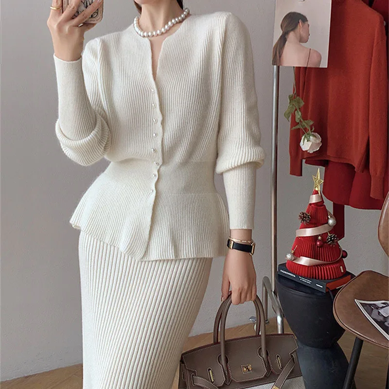 

French Style Small Fragrant Knitted Sweater Suit Set Autumn Winter Women's Pearl Button Sweater Top Hip Pack Skirt Two Piece Set