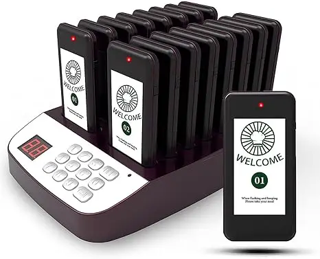 Waterproof 16 Pager System for Restaurants Hotels Food Trucks & Church Nursery Vibration Flashing Buzzer & Call Features