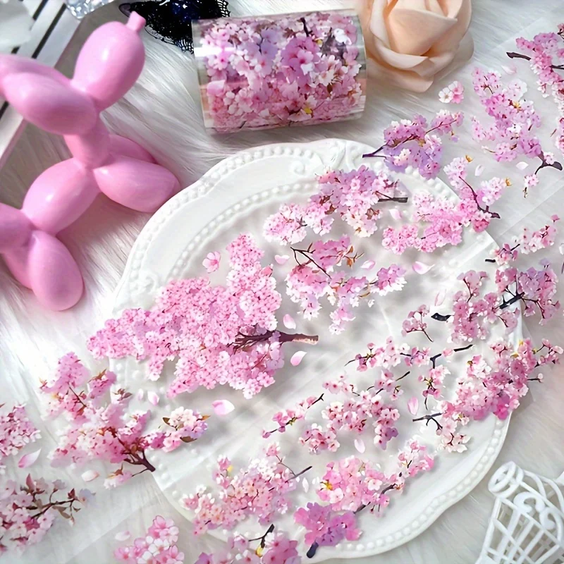 2m Sakura PET Decorative Stickers Pink Flower Transparent Washi Tape For Scrapbooking Planner Journal DIY Card Making Materials
