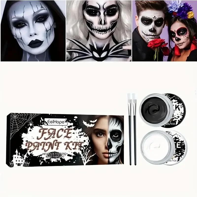 Black & White Face Body Paint Kit with Brushes Long-Lasting Makeup For Halloween Festive Fun Makeup Accessories Set