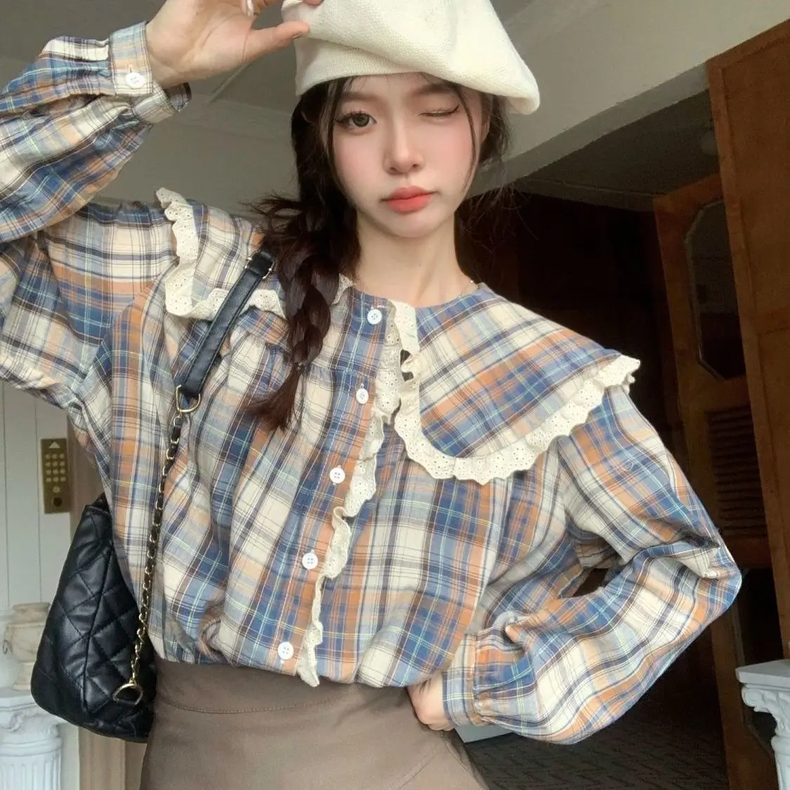 Shirts Women Plaid Simple Lovely Daily Students All-match Delicate Classics Vintage Korean Style Spring Charming Special Young wen zhengming running script calligraphy copy copybook warp folded style copybook chinese classics teng wang ge xu practice book