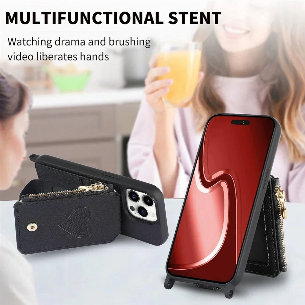 Crossbody Leather Wallet Phone Case with Magnetic Card Holder and Zipper