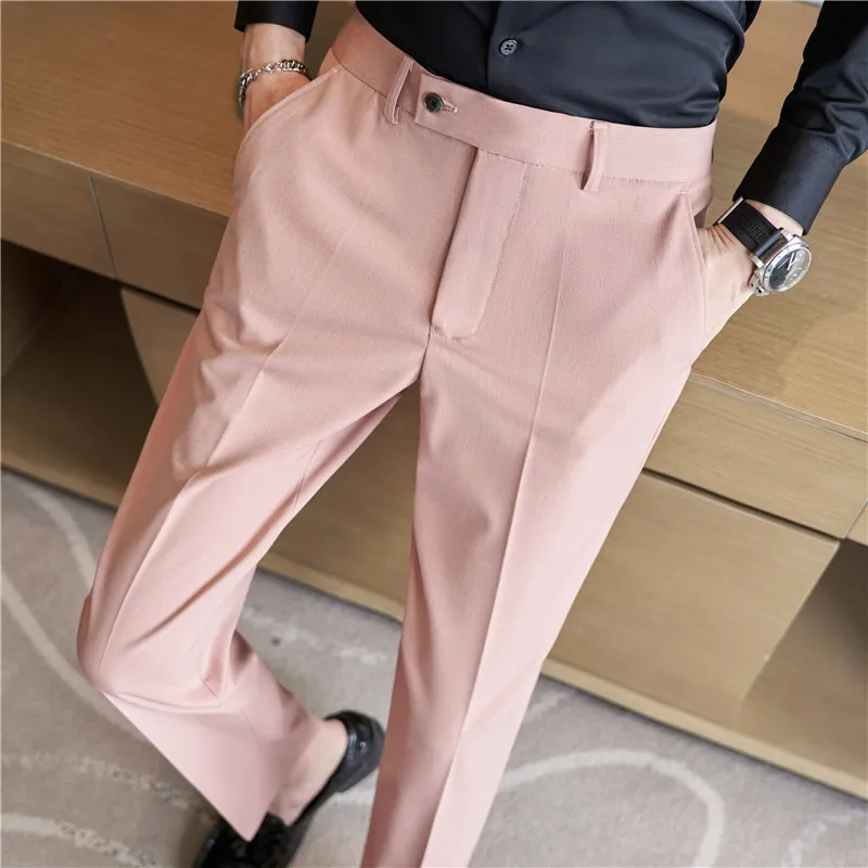 

Men Spring Autumn High Quality Casual Suit Trousers/Male Fashion Slim Fit Pink Business Suit Pants/Man Stretch Dress Pants 28-38