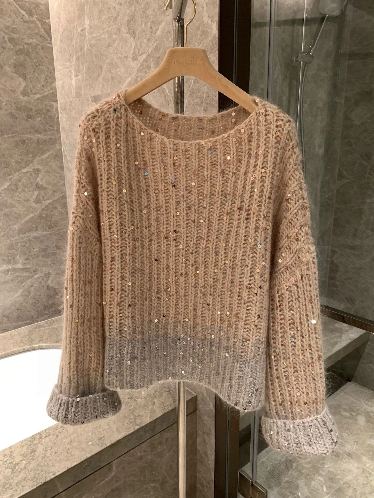 

EVACANDIS High Quality Women New Mohair Wool Sequins Long Sleeve Knitted Pullover Tops Chic Casual Elegant Autumn Winter Sweater