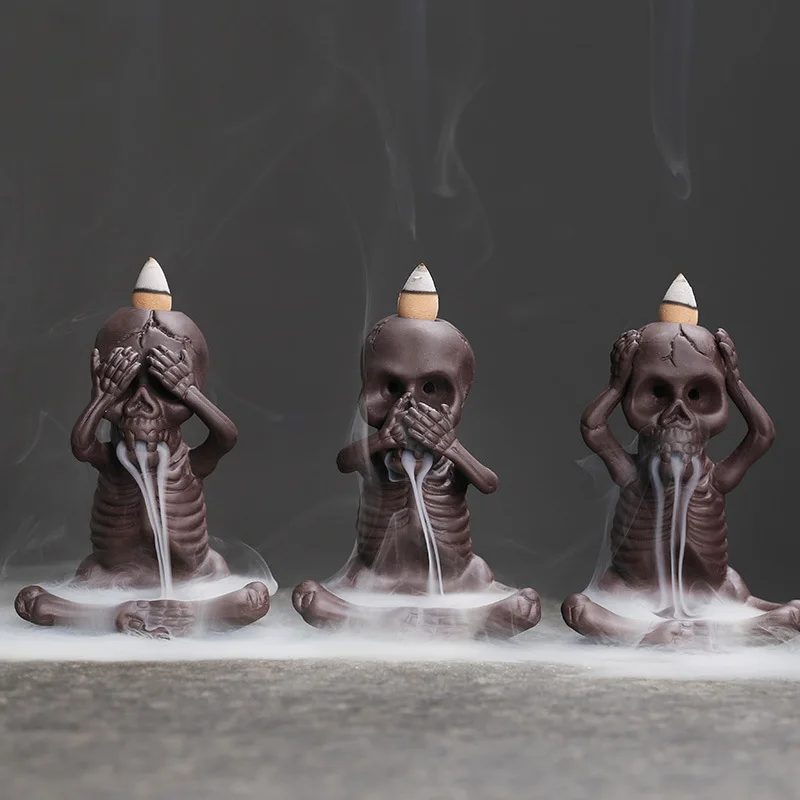 

Purple Sand Backflow Incense Burner Mini Skull Design Incense Holder Smoke Waterfall Censer Decor Halloween Craft Statutes