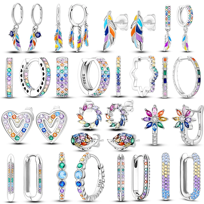 Silver Hoop Earrings Heart Hoop Earrings 925 Sterling Silver Colorful Golden Zircon Heart Feather Earrings For Women