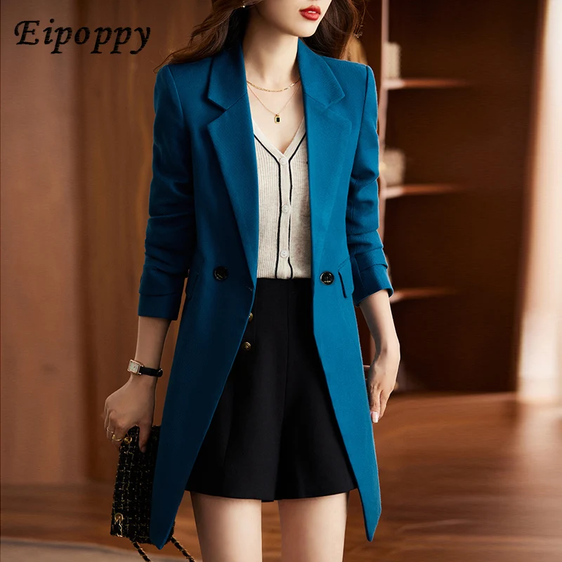 

Autumn Winter Korean Women Black Trench Blazer Coat Elegant Double Breasted Lengthened Khaki Jacket Lapel Windbreaker Female