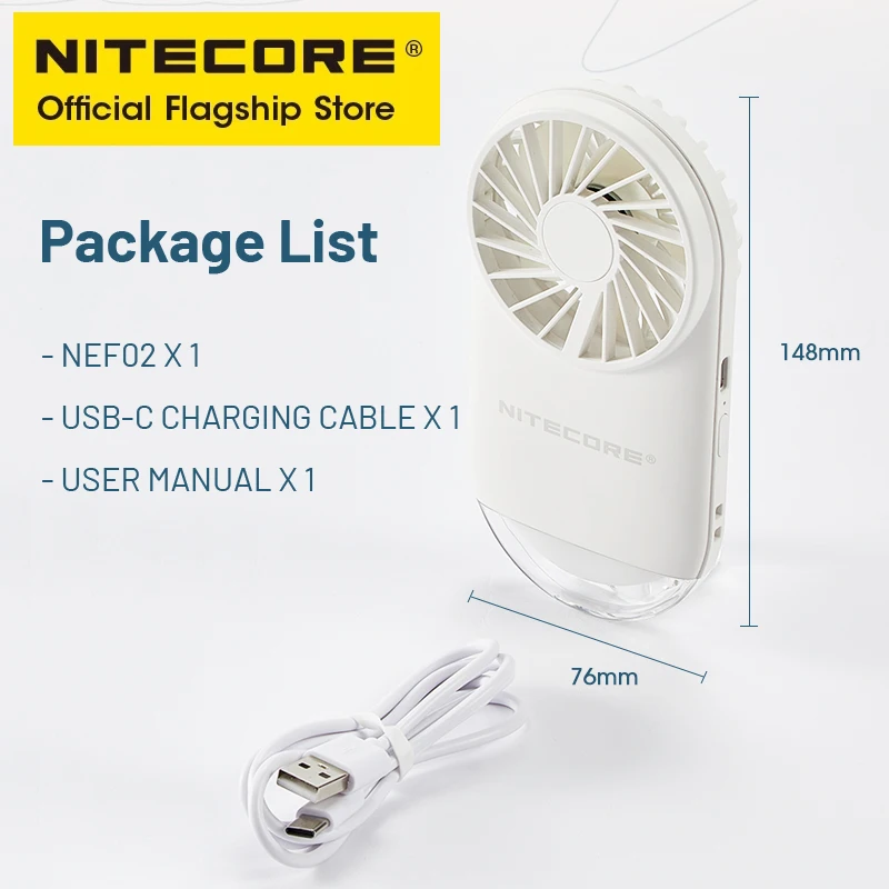 Camping Lamp NITECORE NEF02 Mini Pocket Fan Outdoor Camping Night Light USB-C Rechargeable Built-in Battery For Summer Commuting Trekking