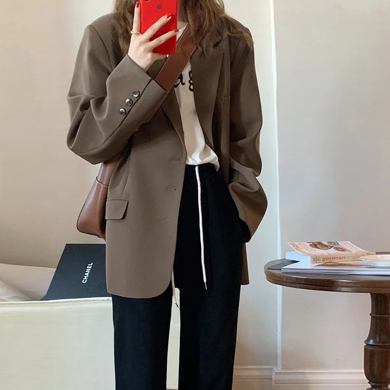 

Insozkdg Coffee Color Blazer Jacket Women Spring Autumn New Korean Casual British Style Design Sense Blazer Women High Street