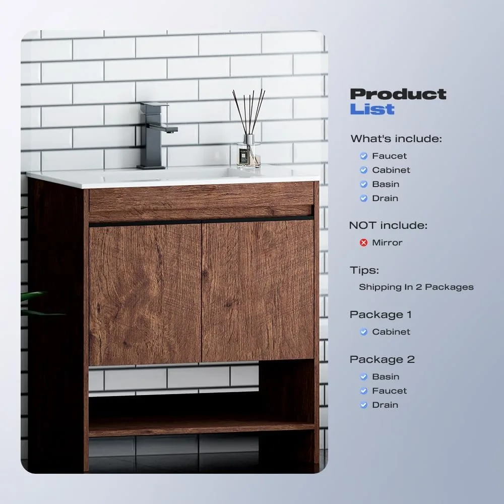 30 Inch Bathroom Vanity Cabinet with Sink，Modern Sleek Bathroom Vanities Ceramic Sink with Solid Wood Frame Open Style Shelf 3