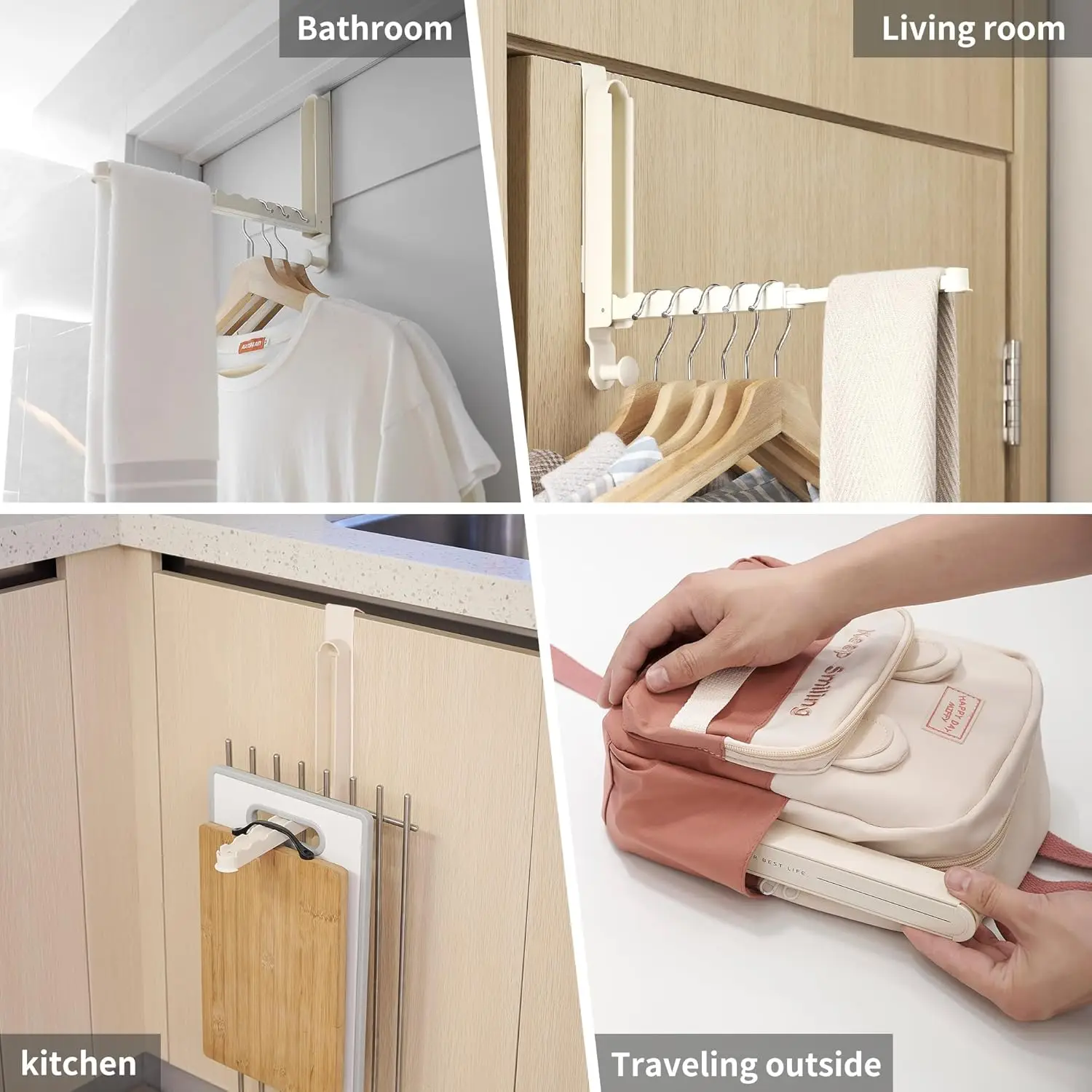 Foldable Over The Door Hook Hanger with Retractable Rod Aluminum Alloy Laundry Drying Rack for Clothes Towels Hat Bag Key Holder