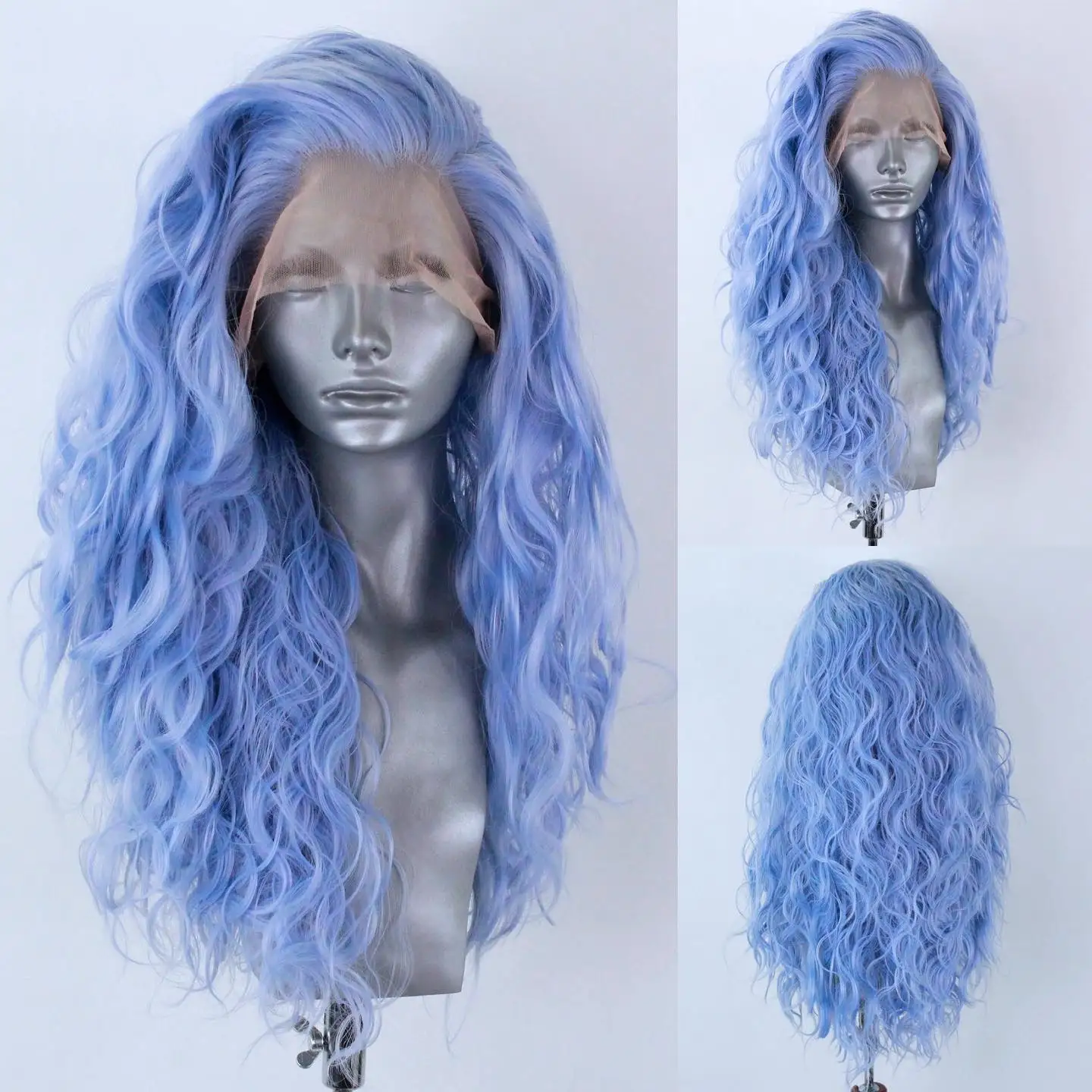 

ZXBMALWIGS Blue Hair 13X4 Lace Front Wig For Women Synthetic Water Wave 26“Long Glueless High Temperature Fiber Cosplay