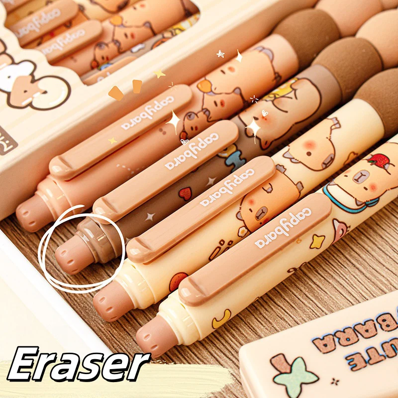 Cute Cartoon Capybara Retractable Erasable Gel Pens 4Pcs 0.5mm ST Nibs Blue Ink Refillable Writing Supplies