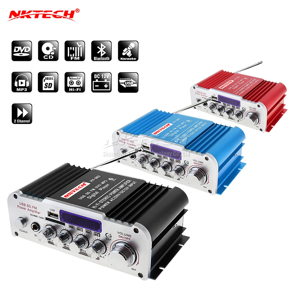 NKTECH HY803 Amplifier Bluetooth Car Power Digital Audio Player 2x 41W HiFi Stereo BASS USB SD