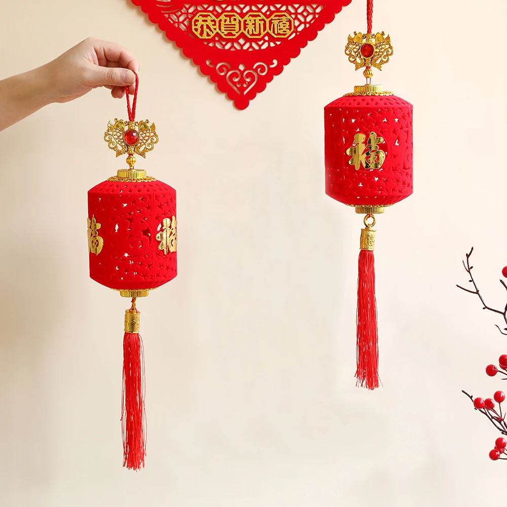 

2pcs Chinese Lantern Red Lucky Hanging Tassel Lanterns Flocking cloth Spring Festival Garden Home Decoration 2024 New Year Gift