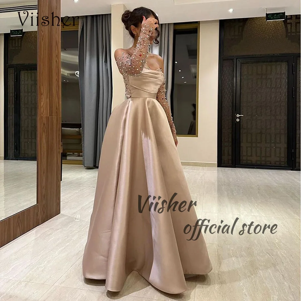 

Viisher Champagne A Line Evening Dresses Crystal Pleats Satin Sweetheart Prom Party Dress Floor Length Dubai Arabic Formal Gowns