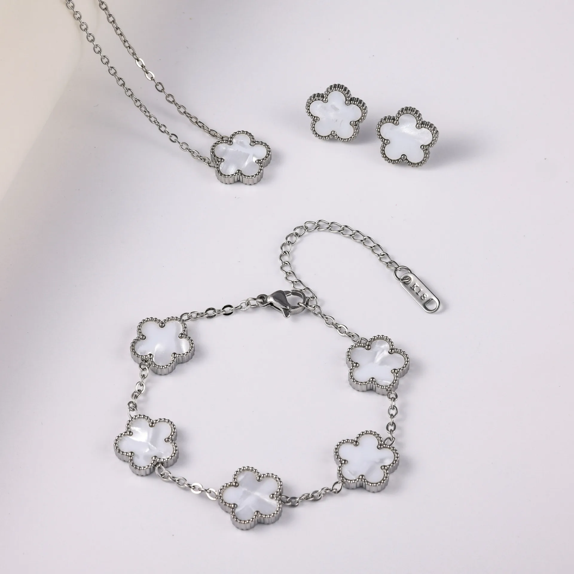 Silver Color Clover Jewelry Set for Women Stainless Steel Hypoallergenic Waterproof Flower Earrings Chain Necklace Bracelet New 1 Mallzona Sdd92f98094f544e299ae002bb5f3fa25A Silver Color Clover Jewelry Set for Women Stainless Steel Hypoallergenic Waterproof Flower Earrings Chain Necklace Bracelet New Mallzona