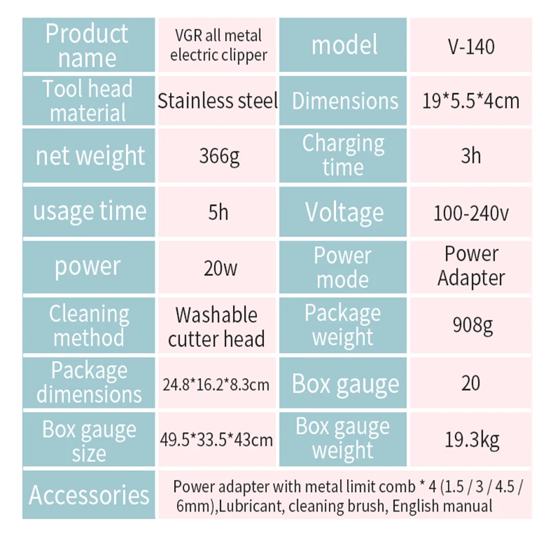 VGR V-140 Electric Hair Clipper Professional Metal Home Appliance Haircut Machine Rechargeable Barber Trimmer for Men Vgr 140 3