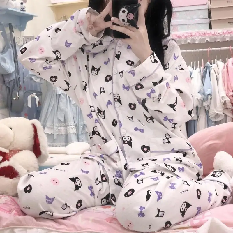 

New Kawaii Cute Sanrio Kuromi Long Sleeve Pajamas Household Clothes Be All-Match Cartoon Cute Girl Christmas Gift For Girlfriend