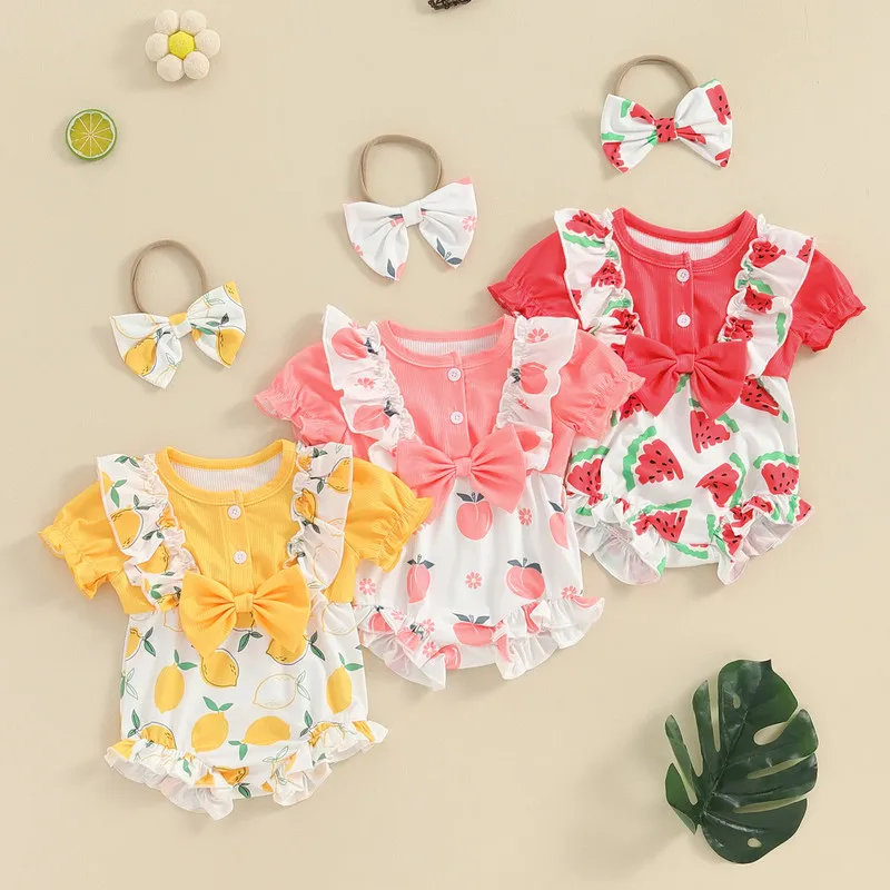 

Newborn Girl Bodysuit Outfit, Short Sleeve Crew Neck Fruit Print Bow Bodysuit with Headband Summer Clothes