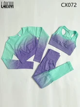 

3PCS Seamless Women Set Gradient Workout Sportswear Gym Clothing Fitness Long Sleeve Crop Top Bra Push Up Leggings Sports Suit