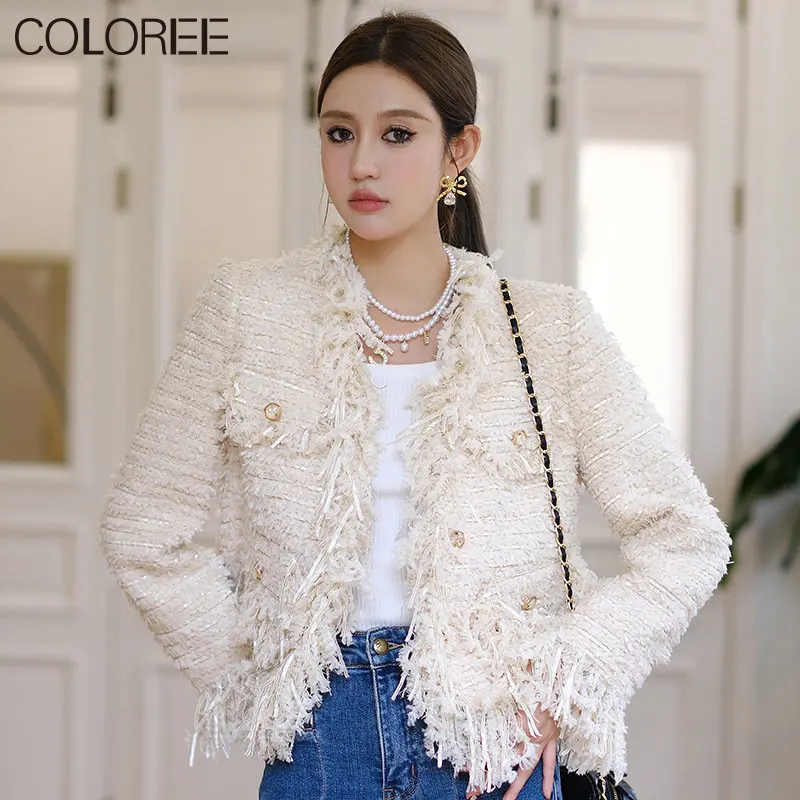 Korean Fashion Beige Tweed Jackets Women Elegant Tassel Blend Wool Coat  Female 2023 Autumn Single Breasted Outwear Office Lady - AliExpress