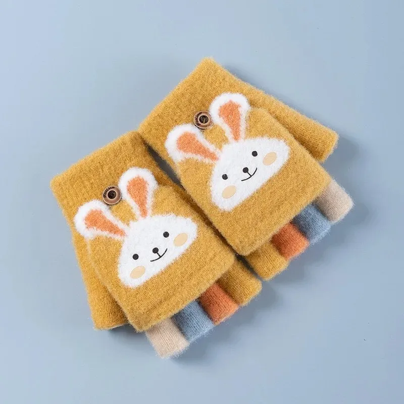 Cartoon Rabbit Five Finger Children's Gloves for Winter Flip Knitted Warmth, Convenient and Practical  Thickenedgo  Out