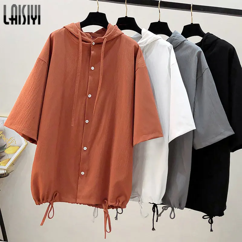 

Hooded T-shirts Short Sleeve Women Summer Tops Hem Pleat Casual Tees Korean Style Fashion Female Clothing Solid Button Tshirts