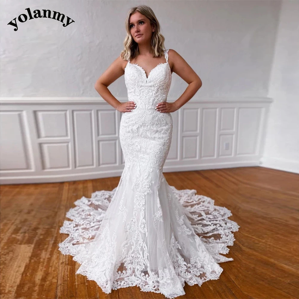 

YOLANMY Sweetheart Appliques Illusion Wedding Dresses Mermaid Backless Buttons For Mariages Fairytale Sleeveless Made To Order