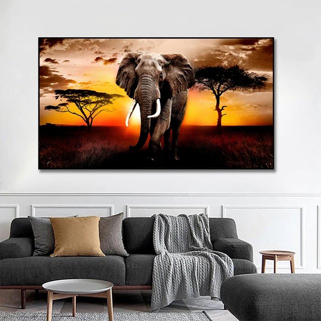 thumbnail image 1 of Pósteres de animales de leopardo y león de gran tamaño, elefante africano, tigre, cuadro de pared, pintura en lienzo de una pieza, decoración del hogar sin marco, 1 of 5