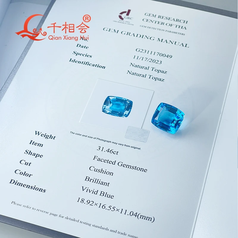 31ct Natural Blue Topaz Cushion Shape Gemstone Loose Stone Certified Jewelry Making Cut Quality