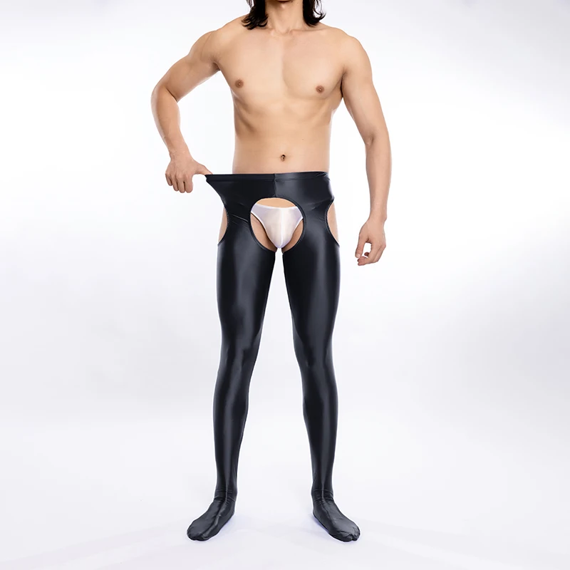 New Silky Smooth Men Leggings Sexy Oil Glossy Open Crotch Slim Fit Thighs Pants Underwear Solid Color Comfort Underwear Clothes