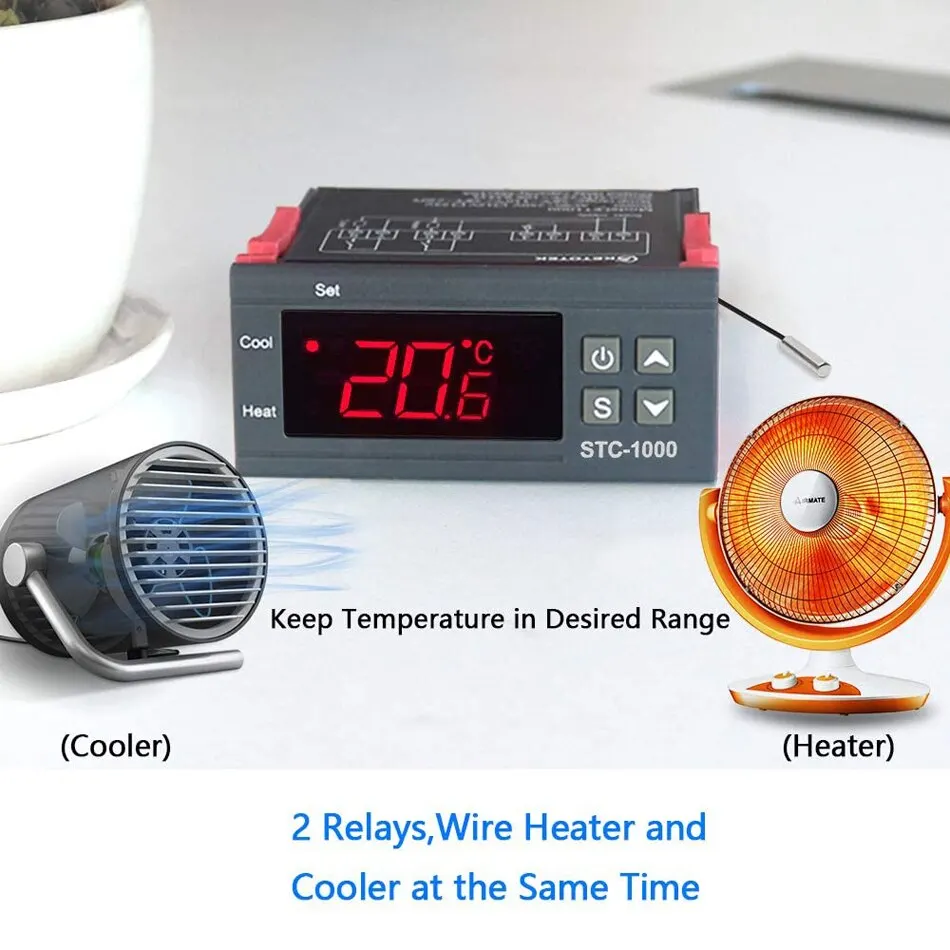 Digital Temperature Controller Digital Thermostat STC-1000 LED 2 Relays Output NTC Sensor Probe 12v 24v Heating Cooling